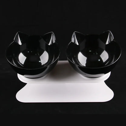 Elevated non-slip cat bowl set with angled dual bowls for food and water