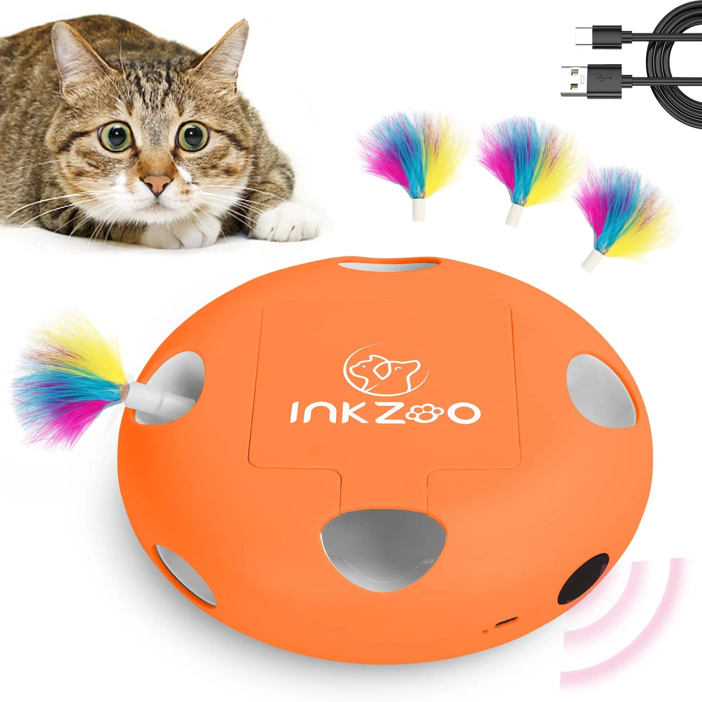 Smart interactive cat toy with feather popping game and rechargeable battery