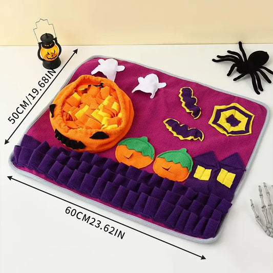 Halloween pumpkin-shaped snuffle mat for dogs and cats to encourage foraging and slow feeding