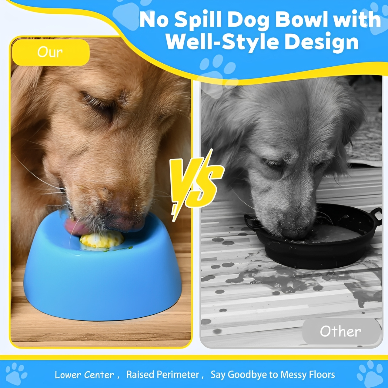 Anti-choking slow feeder for dogs comparison image showing no spill dog bowl design with well-style feature.