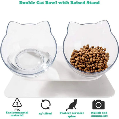 Elevated non-slip cat bowl set with angled dual bowls for food and water