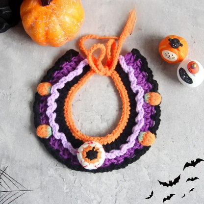Hand-knit Halloween Pet Collar Bib for cats and dogs, perfect for adding a spooky touch to Halloween costumes.
