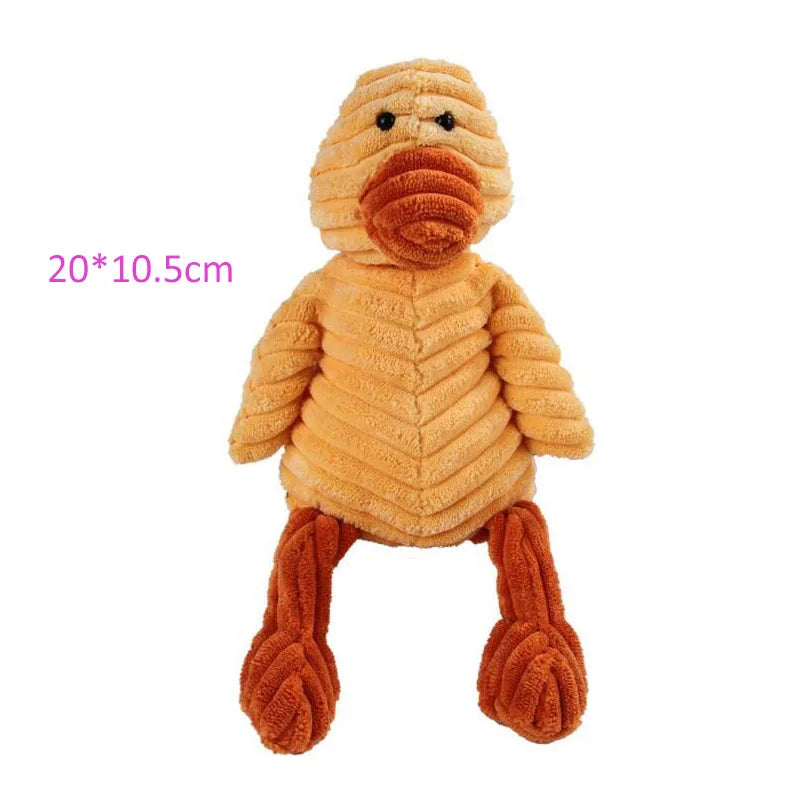 Plush dog toy in various animal shapes with squeaker, made from durable corduroy fabric, perfect for small and large dogs.