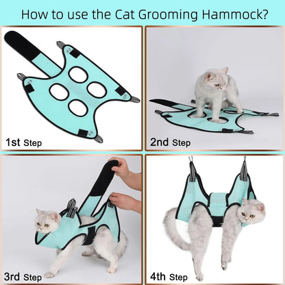 Cat suspended in a grooming hammock while getting its nails trimmed, safe and stress-free grooming tool