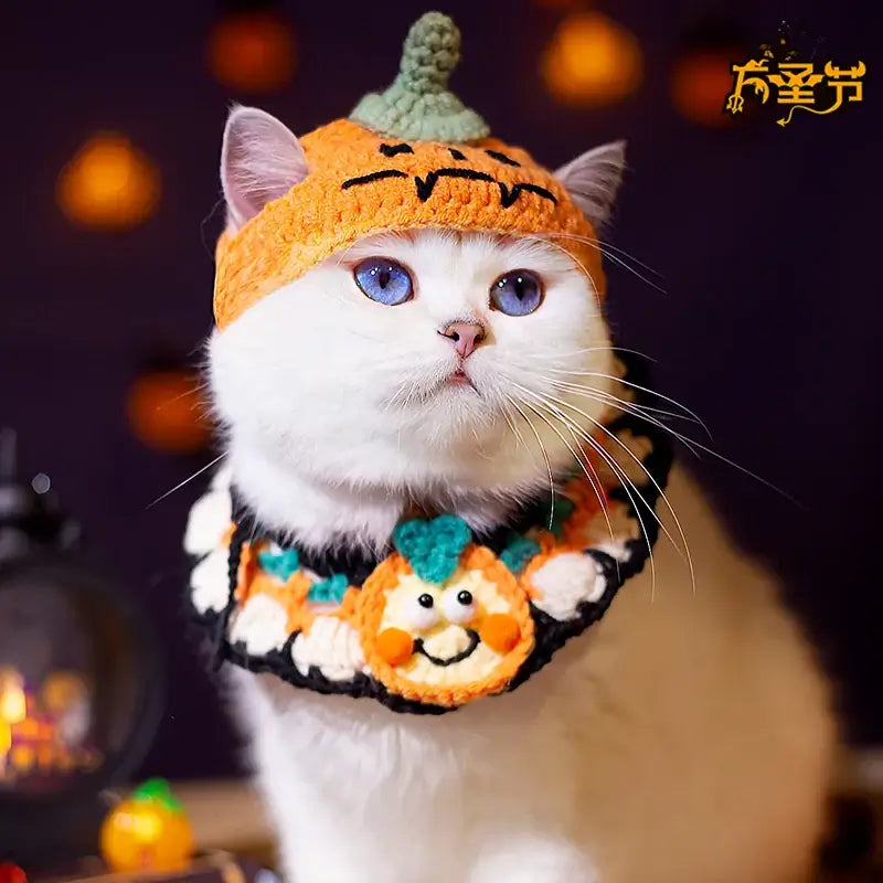 Hand-knit Halloween pet collar bib featuring ghost designs, perfect for dressing up cats and dogs during the spooky season.