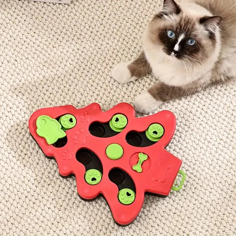 Christmas tree-shaped slow feeder bowl for cats and dogs, interactive puzzle design with a non-slip base.