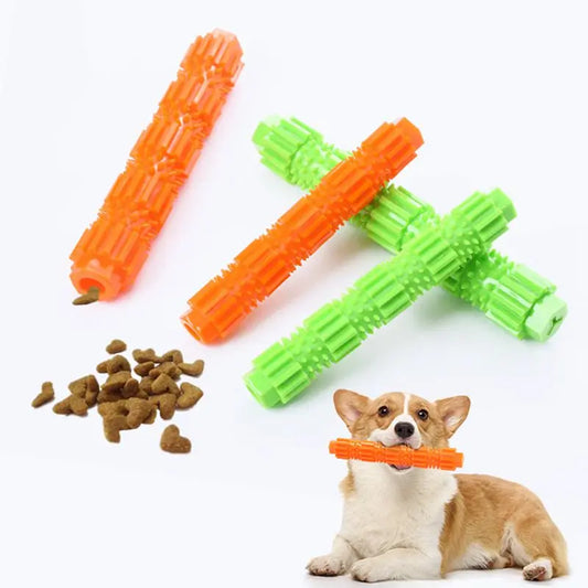Pet dog teething stick chew toy and treat dispenser promoting dental health