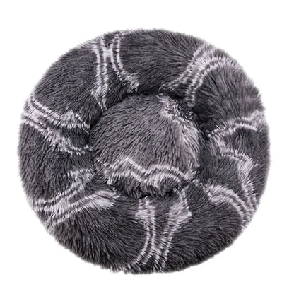 Ultra-soft round plush pet bed for cats and dogs, winter-ready with long plush fabric and non-slip base, available in sizes from 40cm to 90cm.