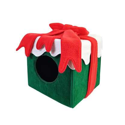 Christmas-themed cat bed shaped like a cozy holiday house for cats and small dogs