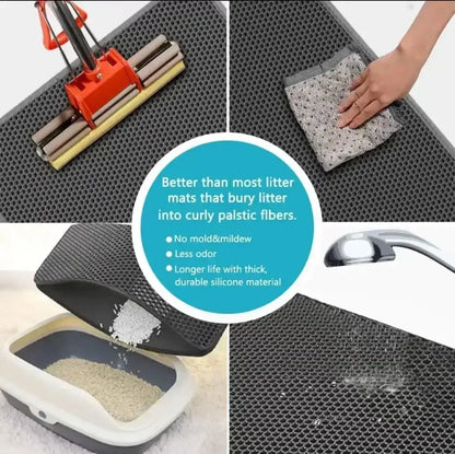 Double-layer waterproof cat litter mat with non-slip EVA design, traps litter and protects floors from dirt and moisture.