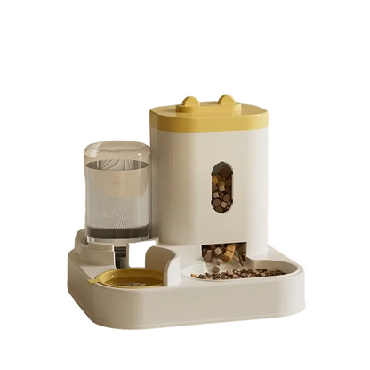 Non-electric automatic pet feeder and water dispenser with raised dual bowl design for cats and dogs.