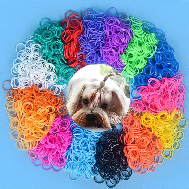 Colorful pet grooming rubber bands for DIY hair bows and accessories, perfect for all dog breeds.