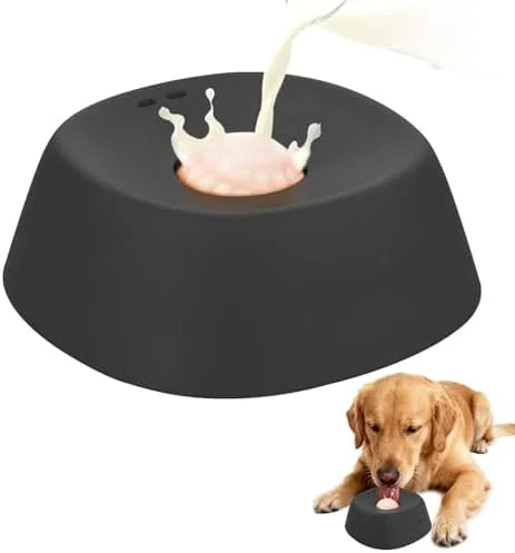 Anti-Choking Slow Feeder for Dogs Liquid Treats The Kinetic Lick Hub with milk splash and dog licking