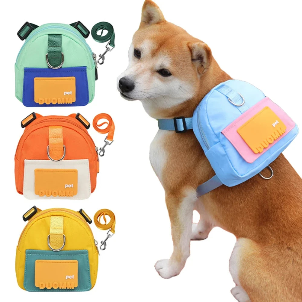 Dog backpack with leash for outdoor travel and training, featuring a large capacity and comfortable fit.