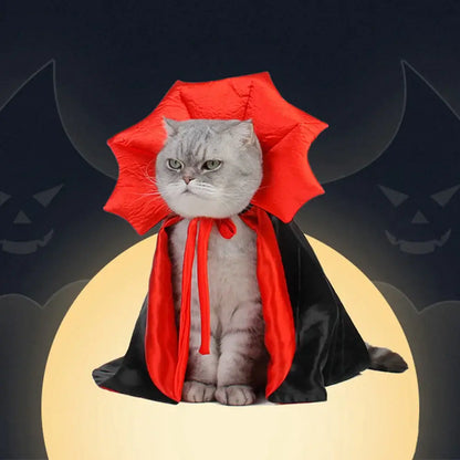 Black vampire cloak Halloween costume for cats with adjustable neckline and lightweight polyester fabric.