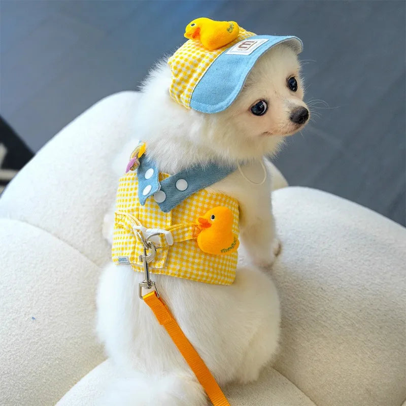 Fries-themed puppy harness set with matching hat and leash, ideal for small dogs on walks and outings.