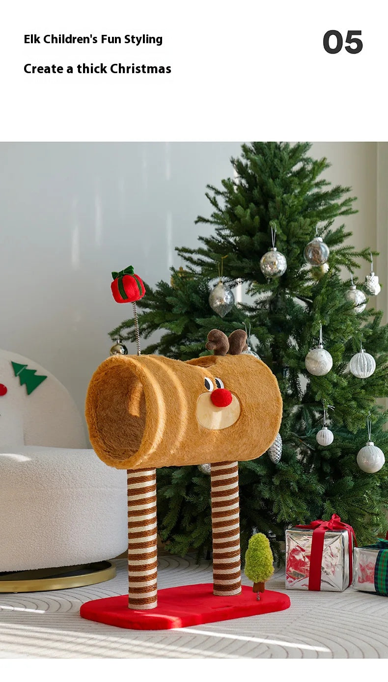 Christmas-themed cat climbing frame with cozy sleeping nest and sisal scratching posts.