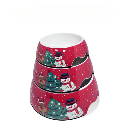 Christmas-themed stainless steel dog bowl with festive design, perfect for food and water
