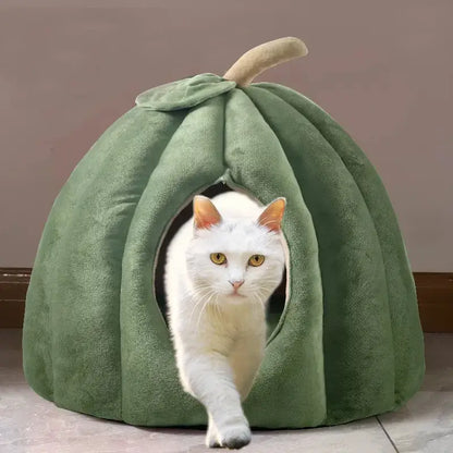 Pumpkin-shaped enclosed cat bed for winter warmth and Halloween decor.