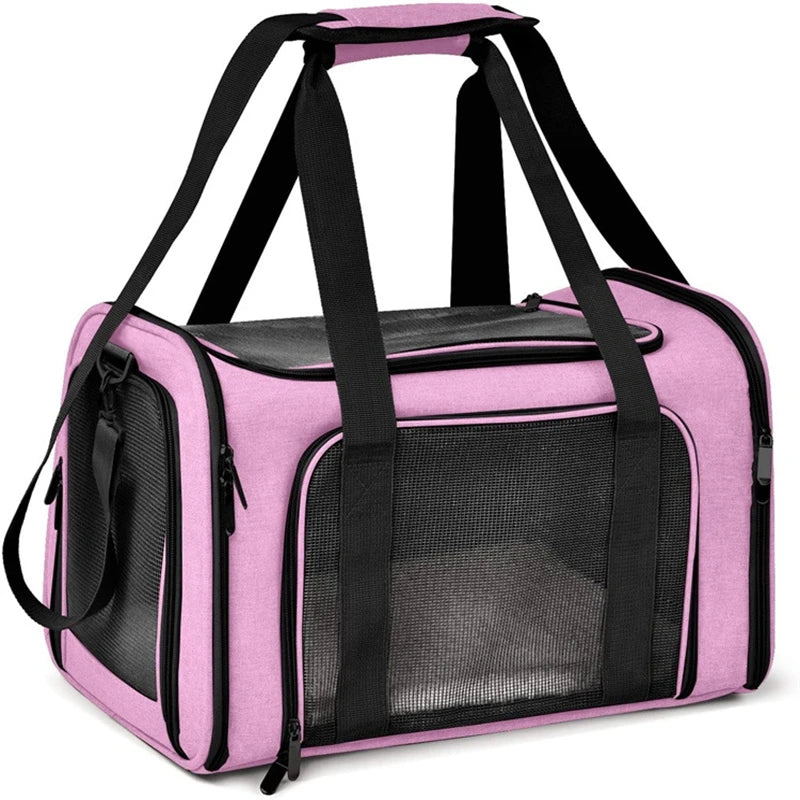 Airline-approved portable cat bag tote with breathable mesh panels, adjustable straps, and foldable design for easy travel and storage.