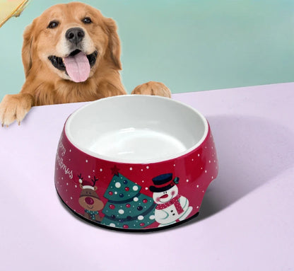 Christmas-themed stainless steel dog bowl with festive design, perfect for food and water