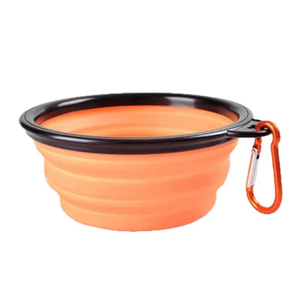 Collapsible silicone dog bowl for travel, camping, and hiking, lightweight and portable for outdoor pet feeding.