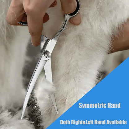 Pet grooming scissors with rounded safety tips and ergonomic handle for trimming dog and cat fur safely and precisely.