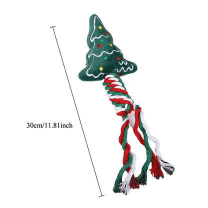 Christmas-themed squeaky dog toy with cotton rope knot for small dogs and puppies