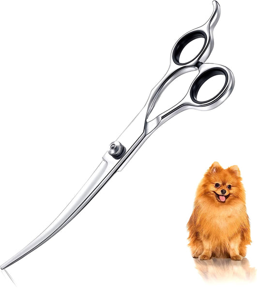 Pet grooming scissors with rounded safety tips and ergonomic handle for trimming dog and cat fur safely and precisely.