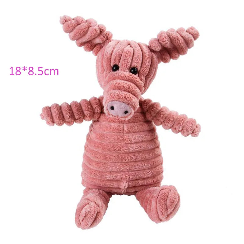 Plush dog toy in various animal shapes with squeaker, made from durable corduroy fabric, perfect for small and large dogs.