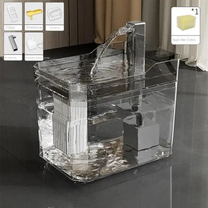 Transparent automatic cat water fountain with USB pump and recirculating filter system.