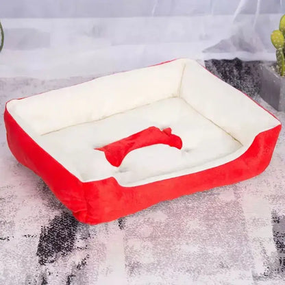 Bone-shaped soft cotton dog bed, washable and breathable with warm padding, designed for year-round comfort and suitable for dogs of all sizes.