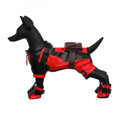 Pet dressed in Hot Movie Deadpool Cosplay Costume, a fun Dogpool outfit for Halloween and parties