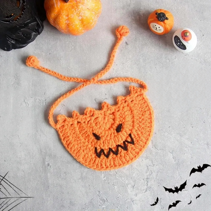 Hand-knit Halloween Pet Collar Bib for cats and dogs, perfect for adding a spooky touch to Halloween costumes.