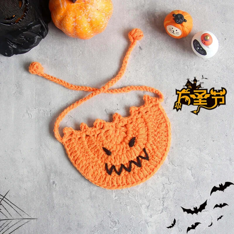 Hand-knit Halloween pet collar bib featuring ghost designs, perfect for dressing up cats and dogs during the spooky season.