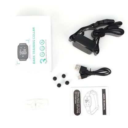 Rechargeable waterproof anti-bark dog collar with sound and vibration correction and HD display for humane training.
