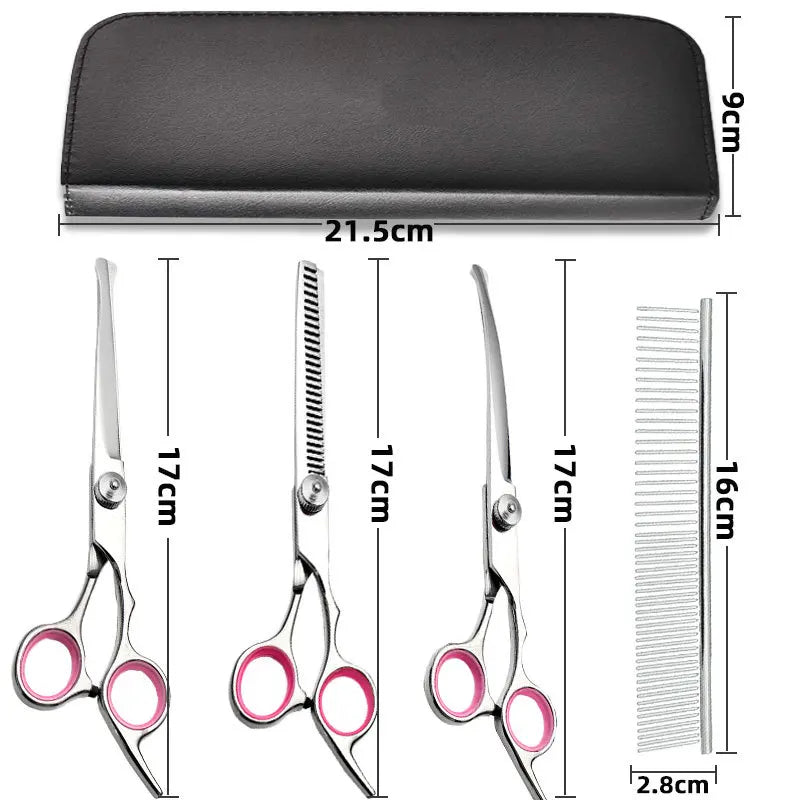 Professional pet grooming scissors set with stainless steel clippers and safety scissors for cats and dogs.