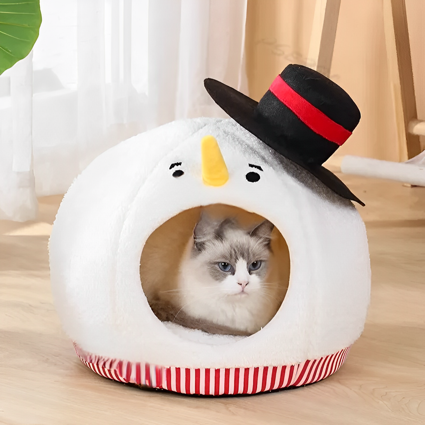 Nid de chat Bonhomme de neige de Noël – Lit semi-fermé douillet pour le confort hivernal