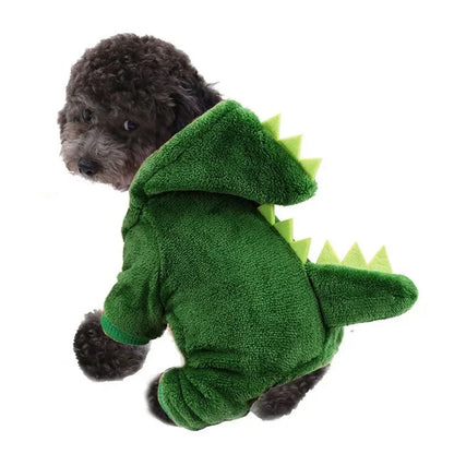 Small dog or cat wearing a Funny Dinosaur Cosplay Costume, showcasing a cozy fleece hoodie perfect for Halloween.