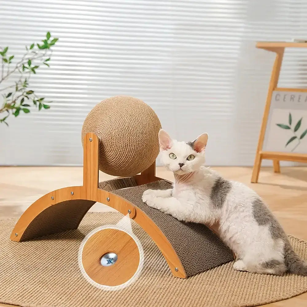 2 in 1 cat scratching ball featuring a sisal scratch board and wooden design, perfect for satisfying cats’ natural instincts and protecting furniture.