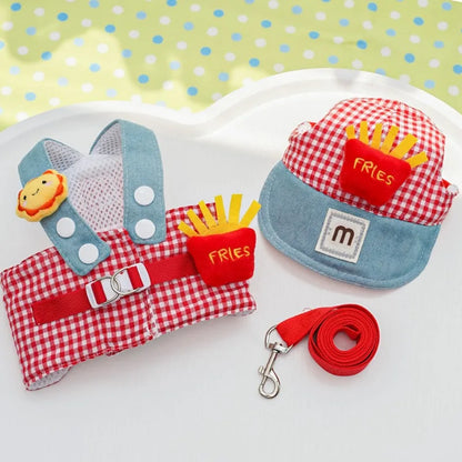 Fries-themed puppy harness set with matching hat and leash, ideal for small dogs on walks and outings.