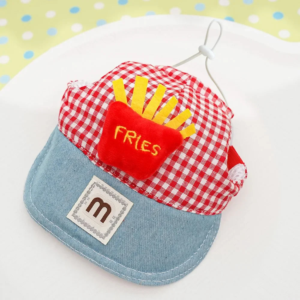 Fries-themed puppy harness set with matching hat and leash, ideal for small dogs on walks and outings.