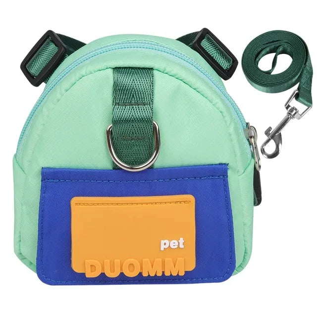 Dog backpack with leash for outdoor travel and training, featuring a large capacity and comfortable fit.