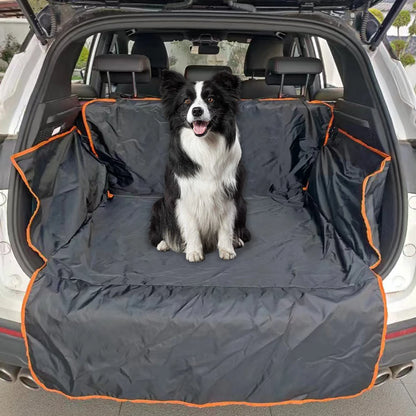 Dog sitting on waterproof SUV cargo liner with side flaps