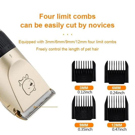 Rechargeable dog hair clipper with quiet motor, stainless steel blades, and ergonomic design for at-home grooming.