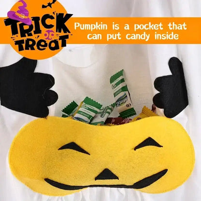 Halloween ghost costume for cats and dogs with pumpkin pocket and funny hat, perfect for spooky celebrations.