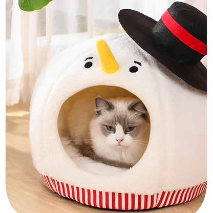 Nido para gatos con forma de muñeco de nieve navideño: acogedora cama semicerrada para mayor comodidad invernal