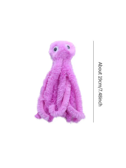 Cute octopus plush toy for cats, soft and durable with dangling tentacles, designed for biting, pouncing, and cuddling.