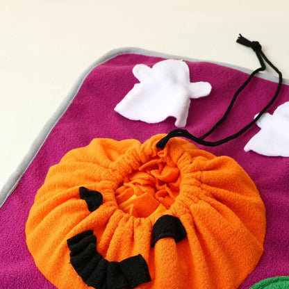 Halloween pumpkin-shaped snuffle mat for dogs and cats to encourage foraging and slow feeding