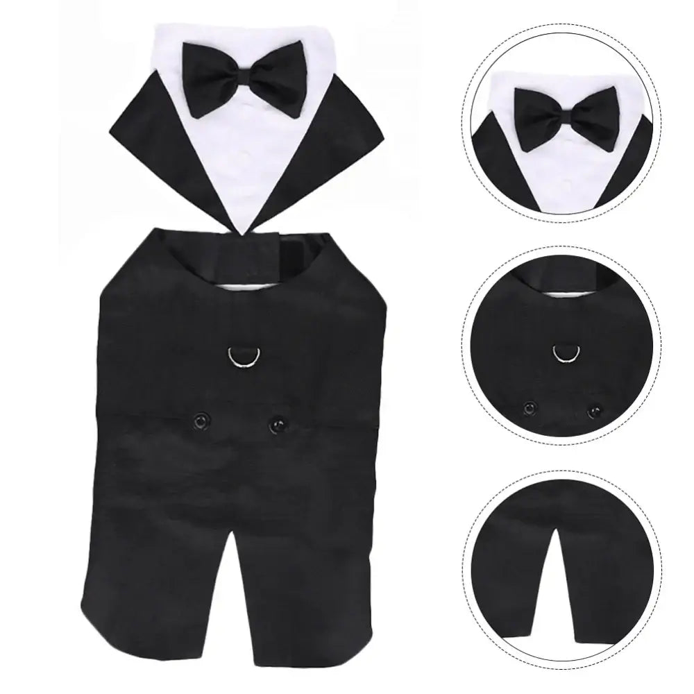 Pet dog formal tuxedo suit with bow and buttons for weddings, parties, and special events – available in various sizes for small to large dogs.